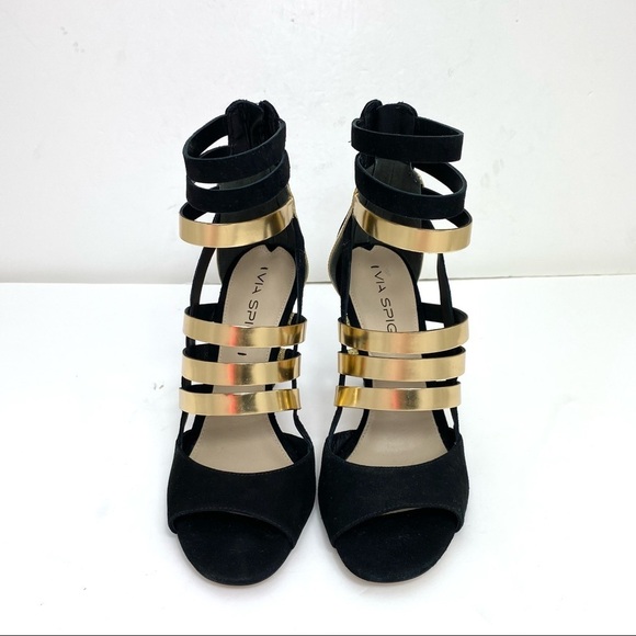 Via Spiga Suede Strap High Heel Sandal in Gold & Black - Picture 4 of 11